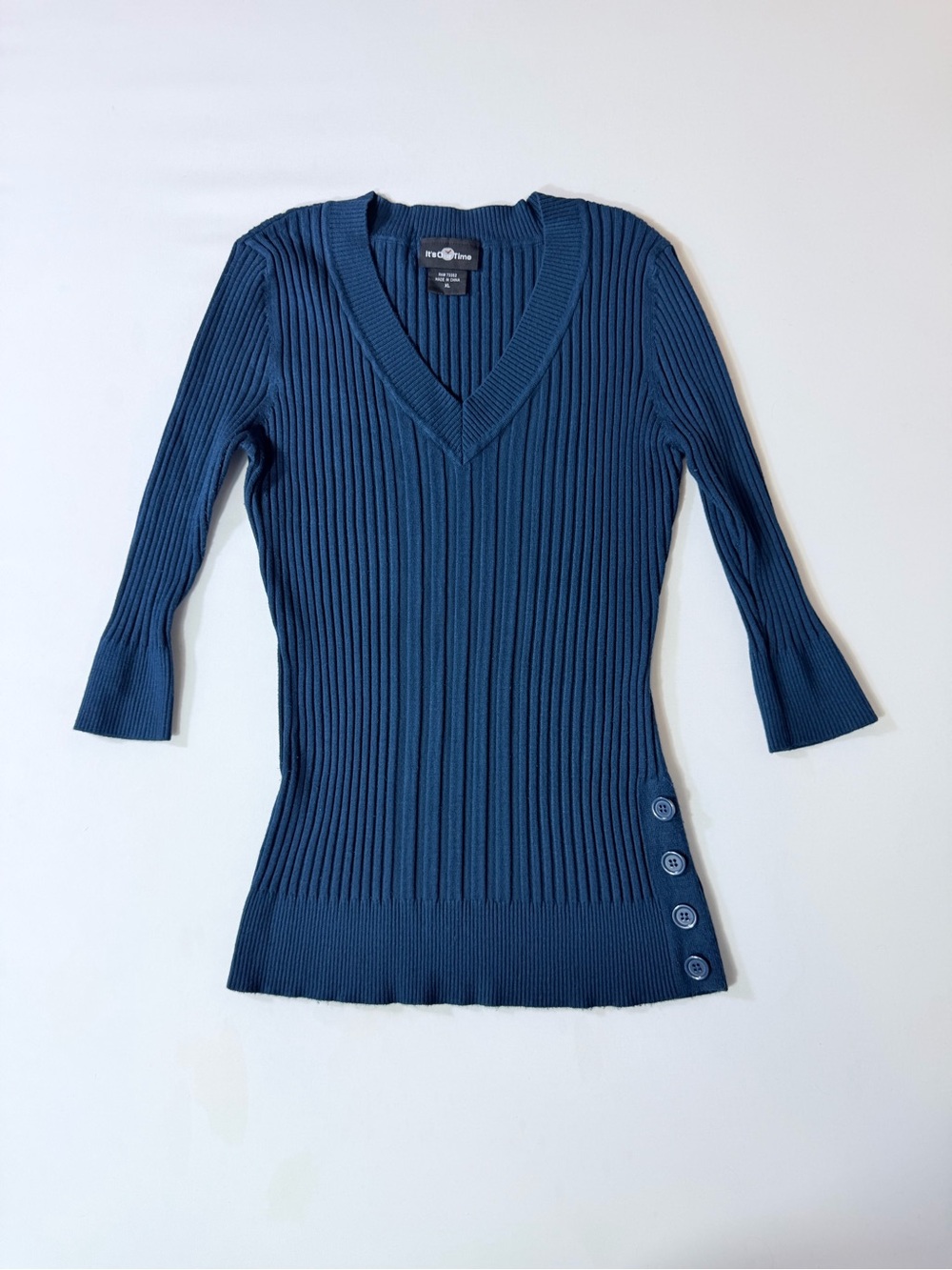 Vintage 90βs 00βs True Y2K Blue Fitted Ribbed V-Neck Henley Womenβs XL Grunge